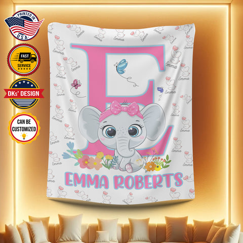 Image of Personalized Baby Blanket, Custom Baby Girl Elephant Blanket, Girl Blanket, Initial Blanket, Elephant Name Blanket, Baby Shower Gift