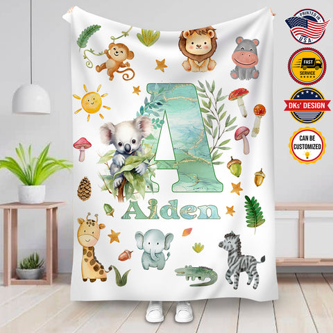 Image of Personalized Baby Animal Blanket, Letter And Lion Animals Baby Kid Custom Name Blanket, Woodland Baby Blanket, Baby Shower Gifts