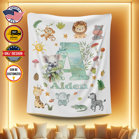 Image of Personalized Baby Animal Blanket, Letter And Lion Animals Baby Kid Custom Name Blanket, Woodland Baby Blanket, Baby Shower Gifts