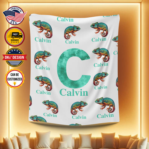 Image of Personalized Chameleon Boy Blanket, Custom Chameleon Baby Blanket, Initial Blanket, Chameleon Lover Blanket, Lizard Blanket, Baby Animals Blanket