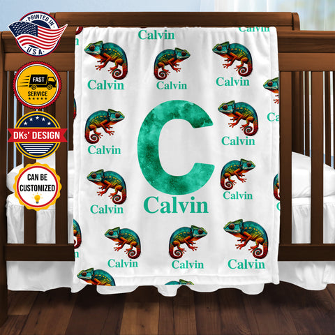Image of Personalized Chameleon Boy Blanket, Custom Chameleon Baby Blanket, Initial Blanket, Chameleon Lover Blanket, Lizard Blanket, Baby Animals Blanket