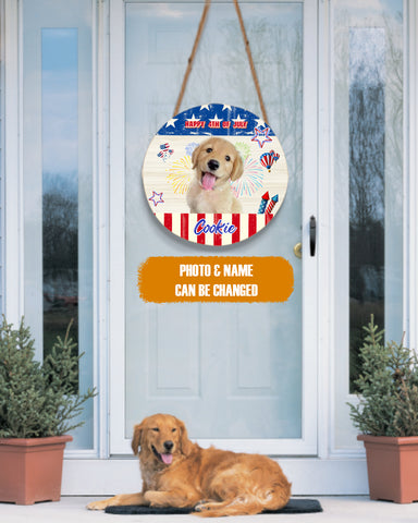 Image of Personalized Pet Photo Door Hanger, Happy 4th Of July Dog Cat Round Wooden Sign