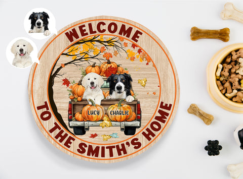 Image of Personalized Pet Photo Door Hanger, Welcome To Our Home Dog Cat Fall Round Wooden Sign, Happy Fall Round Sign