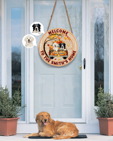 Image of Personalized Pet Photo Door Hanger, Welcome To Our Home Dog Cat Fall Round Wooden Sign, Happy Fall Round Sign