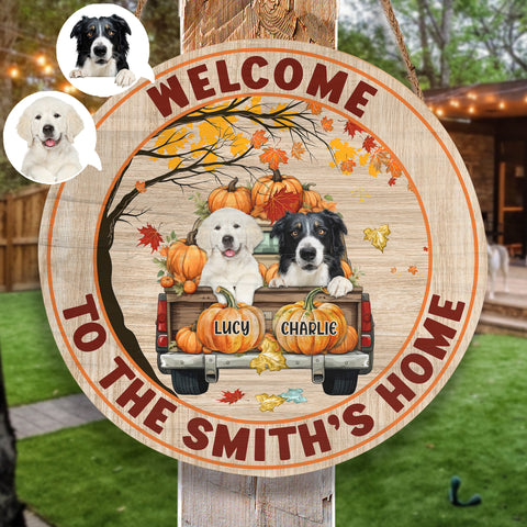 Image of Personalized Pet Photo Door Hanger, Welcome To Our Home Dog Cat Fall Round Wooden Sign, Happy Fall Round Sign