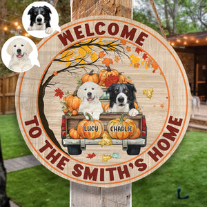 Personalized Pet Photo Door Hanger, Welcome To Our Home Dog Cat Fall Round Wooden Sign, Happy Fall Round Sign