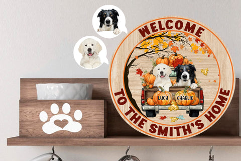 Image of Personalized Pet Photo Door Hanger, Welcome To Our Home Dog Cat Fall Round Wooden Sign, Happy Fall Round Sign