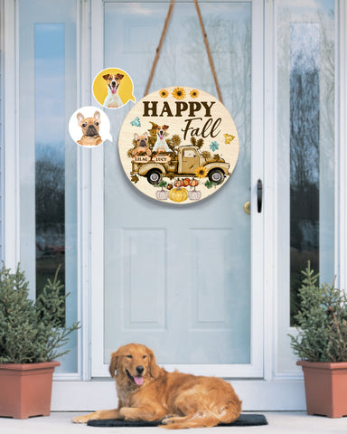 Image of Personalized Pet Photo Door Hanger, "Happy Fall" Dog Cat Round Wooden Sign, Happy Fall Autumn Dog Sign