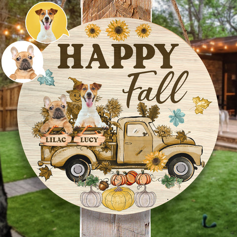 Image of Personalized Pet Photo Door Hanger, "Happy Fall" Dog Cat Round Wooden Sign, Happy Fall Autumn Dog Sign