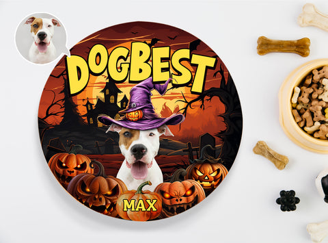 Image of Personalized Pet Photo Door Hanger, "Dogbest" Dog Halloween Round Wooden Sign, Pet Halloween Round Sign