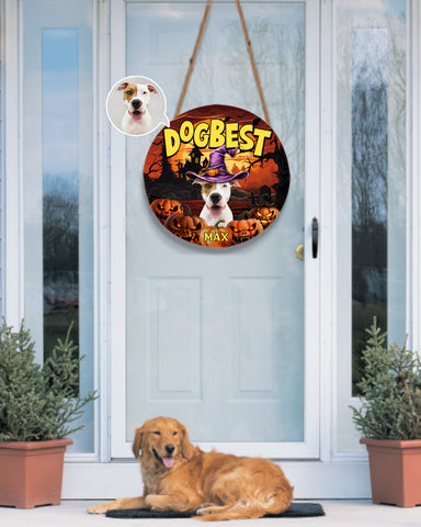 Image of Personalized Pet Photo Door Hanger, "Dogbest" Dog Halloween Round Wooden Sign, Pet Halloween Round Sign