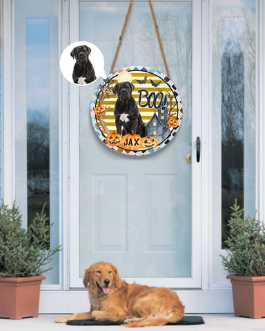 Image of Personalized Pet Photo Door Hanger, Halloween BOO Dog Cat Round Wooden Sign, Pet Halloween Round Sign