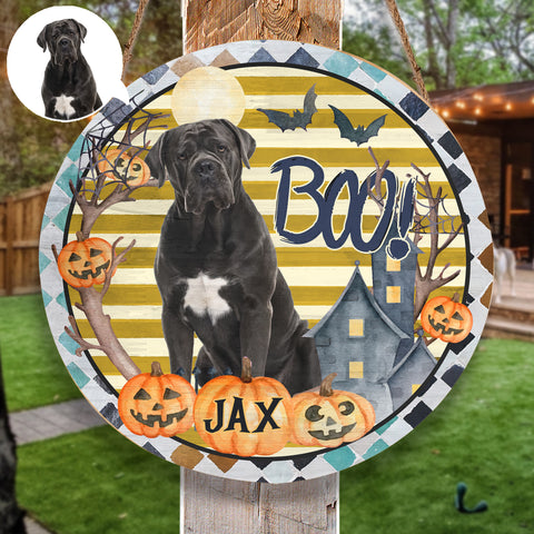 Image of Personalized Pet Photo Door Hanger, Halloween BOO Dog Cat Round Wooden Sign, Pet Halloween Round Sign
