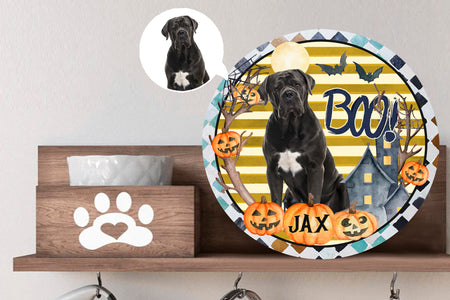 Personalized Pet Photo Door Hanger, Halloween BOO Dog Cat Round Wooden Sign, Pet Halloween Round Sign