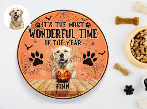 Image of Personalized Pet Photo Door Hanger, Halloween It's The Most Wonderful Time Of The Year Dog Cat Round Wooden Sign