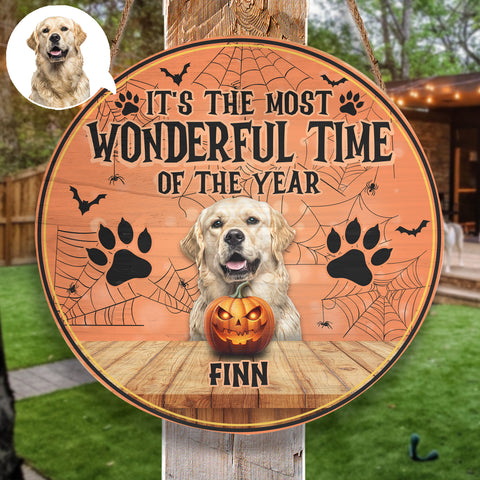 Image of Personalized Pet Photo Door Hanger, Halloween It's The Most Wonderful Time Of The Year Dog Cat Round Wooden Sign