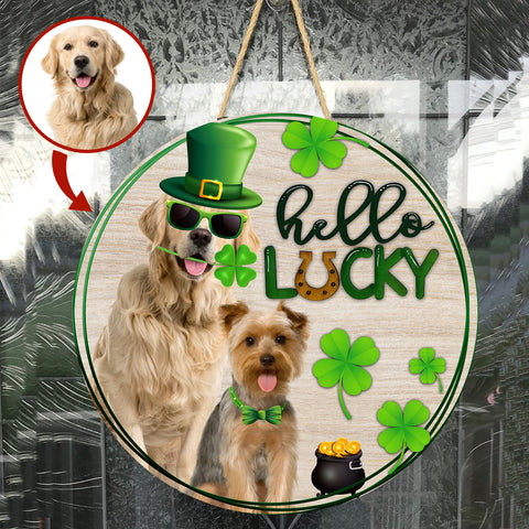 Image of Personalized Pet Photo Door Hanger, "Hello Lucky" Two Dogs Cats Round Wooden Sign