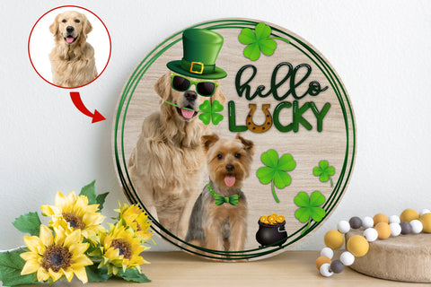 Image of Personalized Pet Photo Door Hanger, "Hello Lucky" Two Dogs Cats Round Wooden Sign