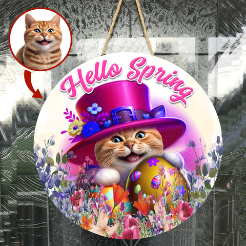 Image of Personalized Pet Photo Door Hanger, "Hello Spring" Dog Cat Round Wooden Sign