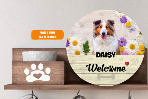 Image of Personalized Pet Photo Door Hanger, "Welcome" Flower Spring Dog Cat Round Wooden Sign