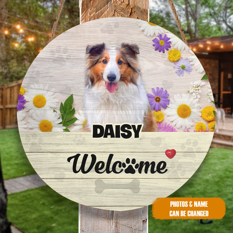 Image of Personalized Pet Photo Door Hanger, "Welcome" Flower Spring Dog Cat Round Wooden Sign