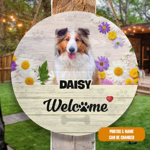 Personalized Pet Photo Door Hanger, "Welcome" Flower Spring Dog Cat Round Wooden Sign