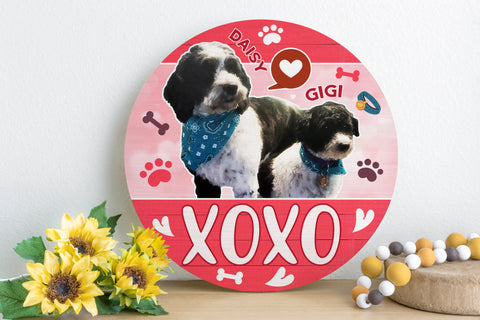 Image of Personalized Pet Door Hanger, Valentine XOXO 2 PETS Round Sign, Custom Name & Pet Photo Sign, Door Sign