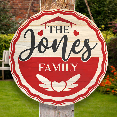 Image of Personalized Valentine Door Hanger, Welcome Family Name Valentine Round Sign, Custom Family Name Sign, Door Sign