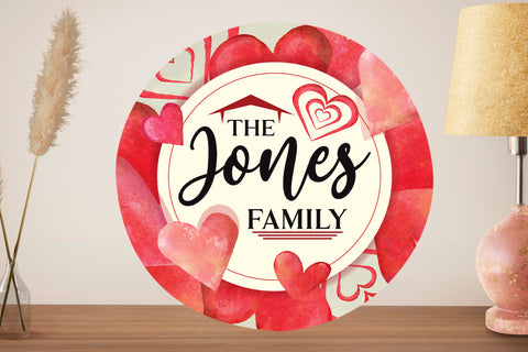 Image of Personalized Valentine Door Hanger, Welcome Family Name Valentine Round Sign, Custom Family Name Sign, Door Sign