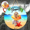 Personalized Pet Photo Door Hanger, "Hello Summer" Beach Dog Cat Round Wooden Sign