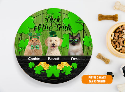 Image of Personalized Pet Photo Door Hanger, Luck Of The Irish Three Dogs Cats Custom Name Round Wooden Sign