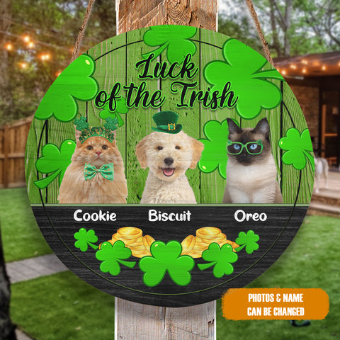 Image of Personalized Pet Photo Door Hanger, Luck Of The Irish Three Dogs Cats Custom Name Round Wooden Sign