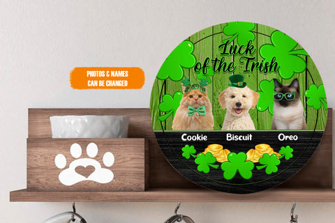 Image of Personalized Pet Photo Door Hanger, Luck Of The Irish Three Dogs Cats Custom Name Round Wooden Sign