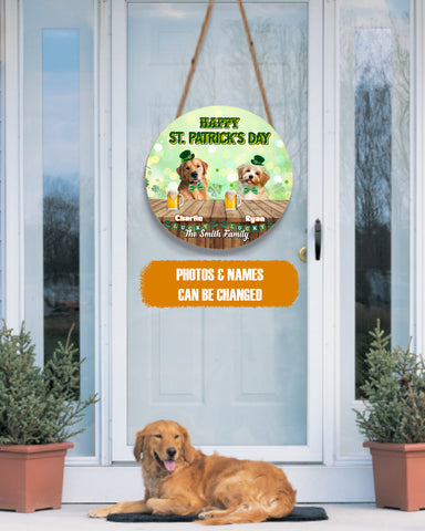 Image of Personalized Pet Photo Door Hanger, Happy St. Patrick's Day Custom Family Name Round Wooden Sign