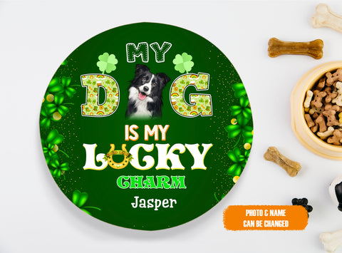 Image of Personalized Pet Photo Door Hanger, My Dog Is My Lucky Charm St. Patrick's Day Dog Cat Round Wooden Sign