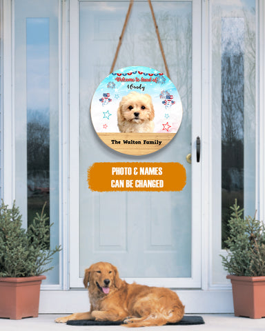 Image of Personalized Pet Photo Door Hanger, Welcome To The Land Of Dog Cat 4th Of July Round Wooden Sign