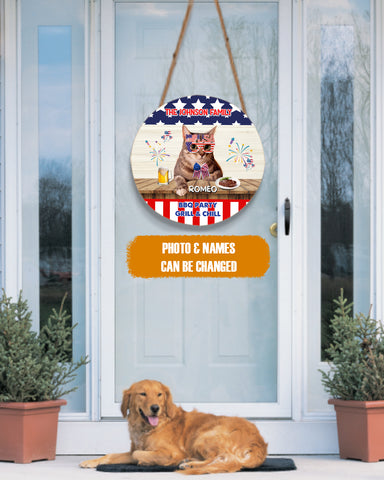 Image of Personalized Pet Photo Door Hanger, BBQ Party Grill & Chill Dog Cat Round Wooden Sign, Pet 4th Of July Gifts