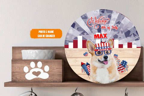 Image of Personalized Pet Photo Door Hanger, Welcome 4th Of July Dog Cat Round Wooden Sign