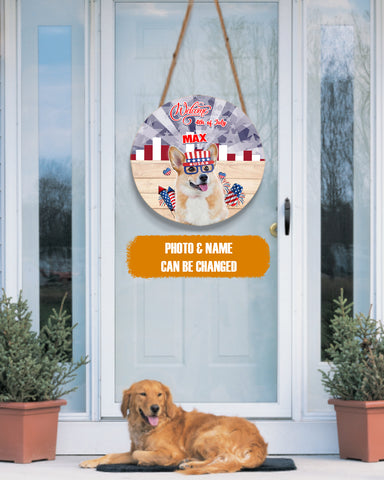 Image of Personalized Pet Photo Door Hanger, Welcome 4th Of July Dog Cat Round Wooden Sign