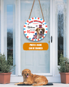 Personalized Pet Photo Door Hanger, "Welcom To Our Home" Dog Cat 4th Of July Round Wooden Sign