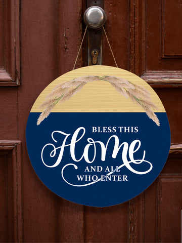 Image of Personalized Bless This Home Door Hanger, Blessed Door Hanger, Round Wooden Door Hanger, Front Door Sign