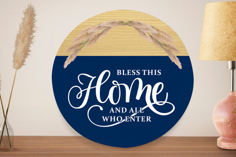 Image of Personalized Bless This Home Door Hanger, Blessed Door Hanger, Round Wooden Door Hanger, Front Door Sign