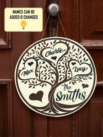 Image of Personalized Family Door Hanger, Family Tree Name Round Wooden Sign, Custom Family Name Sign, Welcome Door Sign