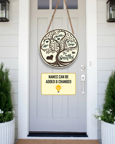 Image of Personalized Family Door Hanger, Family Tree Name Round Wooden Sign, Custom Family Name Sign, Welcome Door Sign