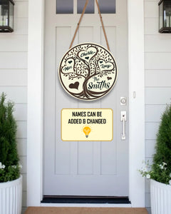 Personalized Family Door Hanger, Family Tree Name Round Wooden Sign, Custom Family Name Sign, Welcome Door Sign