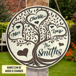 Personalized Family Door Hanger, Family Tree Name Round Wooden Sign, Custom Family Name Sign, Welcome Door Sign