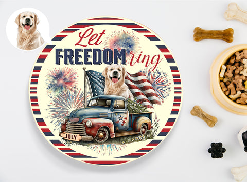 Image of Personalized Pet Photo Door Hanger, Let Freedom Ring Dog Cat Round Wooden Sign, Pet 4th Of July Round Sign
