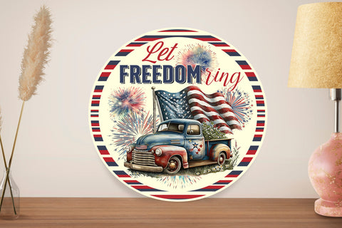 Image of Personalized Door Hanger, Let Freedom Ring Fourth Of July Round Sign, USA Flag Patriotic Door Sign