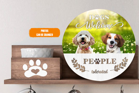 Image of Personalized Pet Photo Door Hanger, Dog Welcome People Tolerated Dog Cat Round Wooden Sign