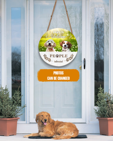 Image of Personalized Pet Photo Door Hanger, Dog Welcome People Tolerated Dog Cat Round Wooden Sign